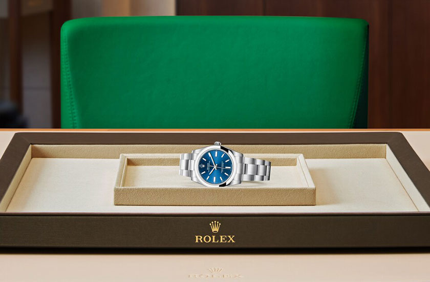 Reloj Rolex Oyster Perpetual 34 acero Oystersteel y esfera color azul vivo watchdesk en Joyería Grau